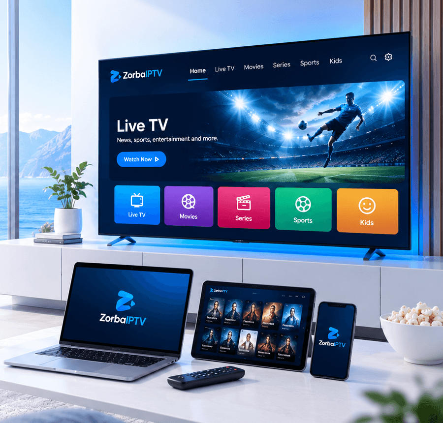 Zorba IPTV app on a smart TV, laptop, tablet and phone